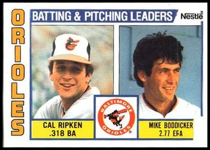 84N 426 Orioles Batting %26 Pitching Leaders Cal Ripken Jr. Mike Boddicker.jpg
